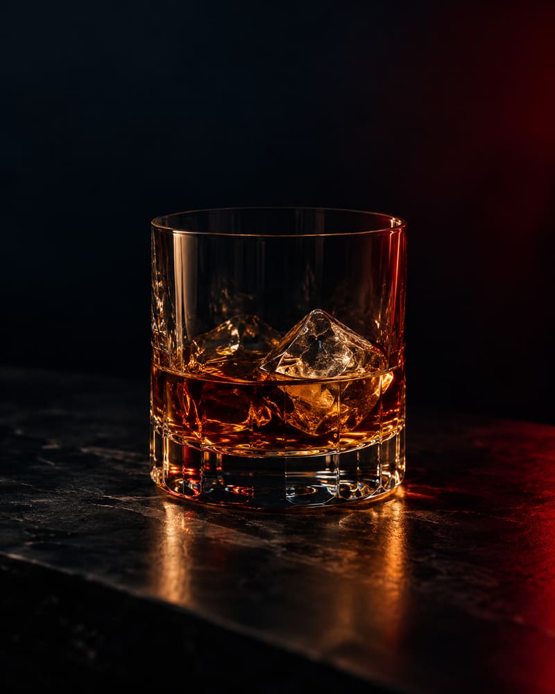 Vaso de whisky sobre fondo oscuro